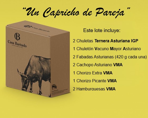 L. UN CAPRICHO DE PAREJA Sobre un fondo amarillo se puede ver la caja del Lote Un Capricho de Pareja y su descripción