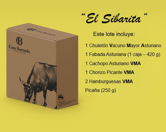 Sobre fondo amarillo se ve la caja del lote El Sibarita y su descripción.